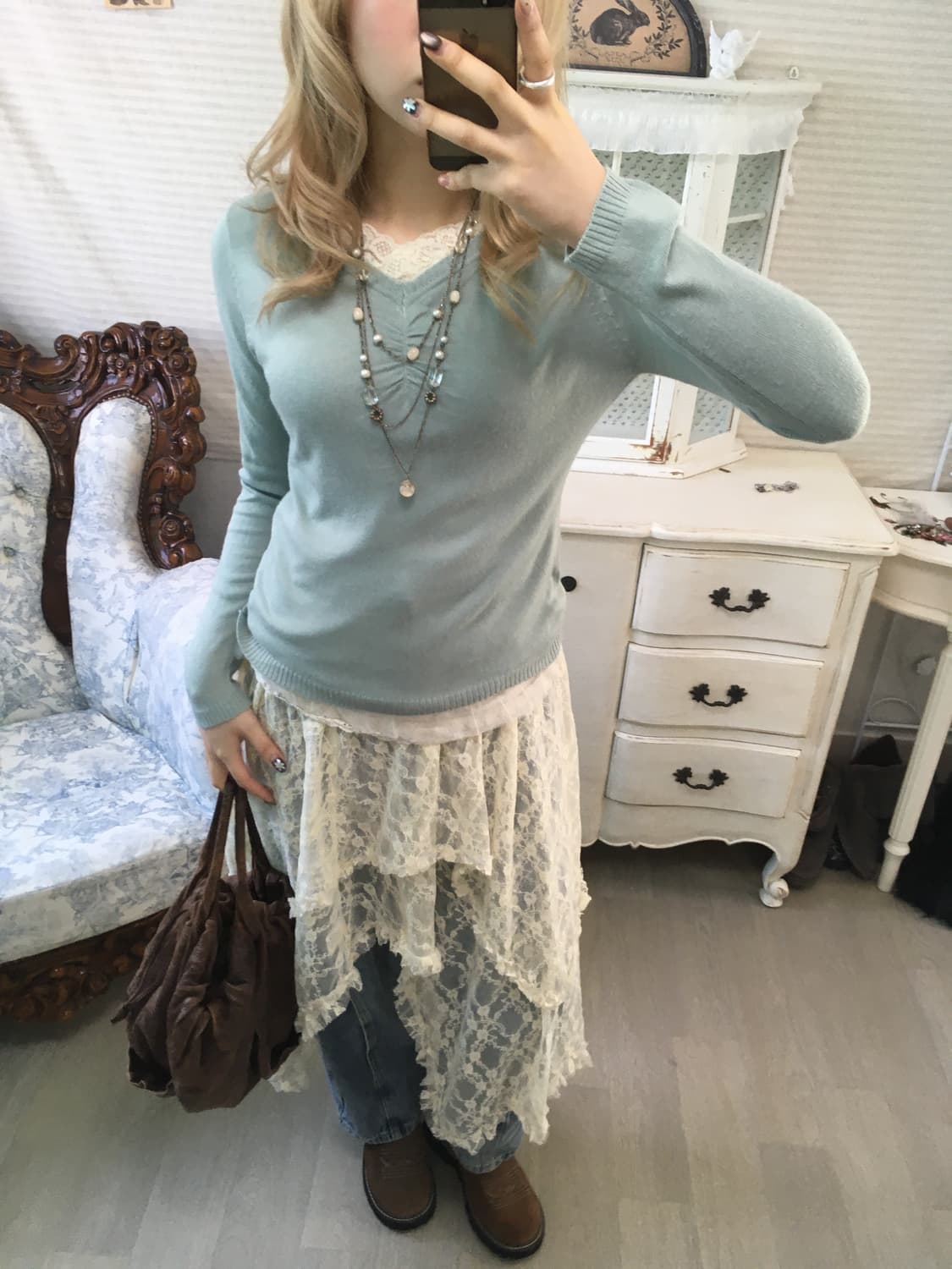 jpn vintage pale mint lace layered knit 상품이미지4