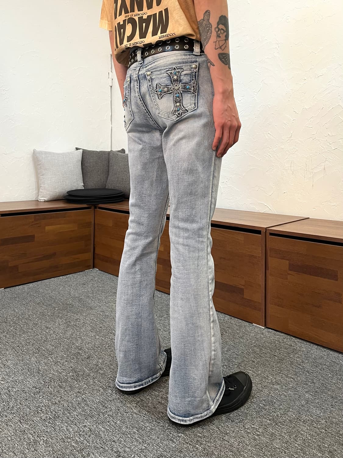 y2k 플레어 크로스 자수 데님 팬츠 상품이미지2