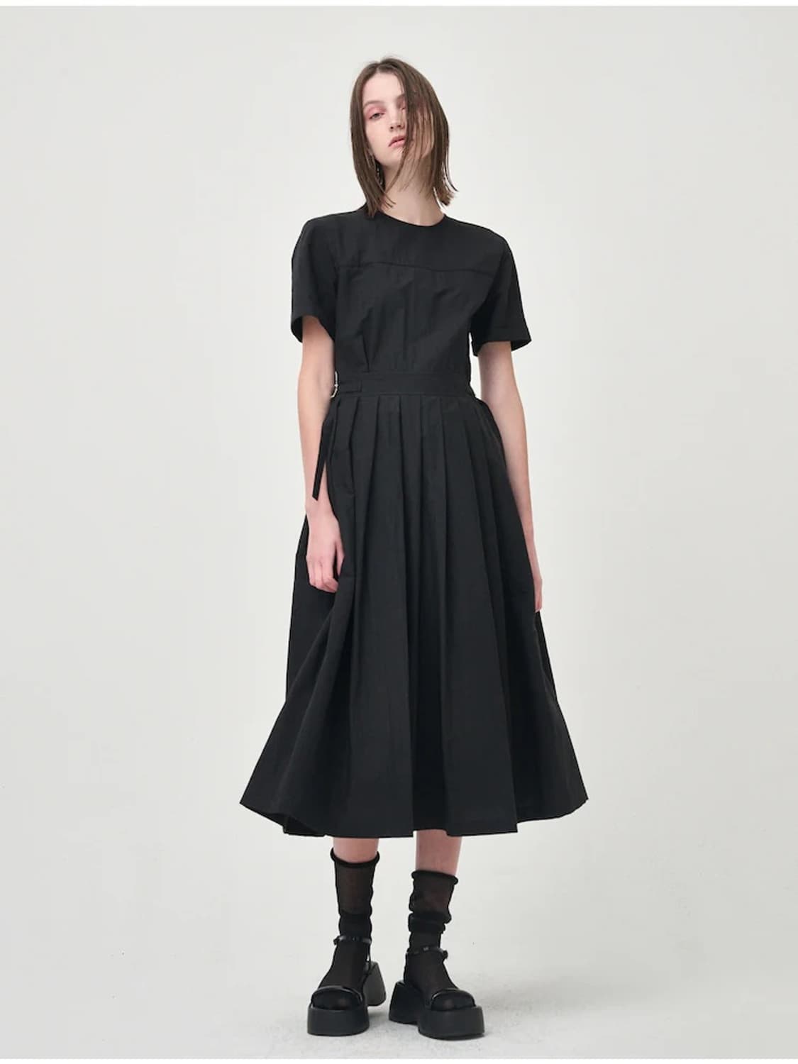 에트몽 etmon 플리츠 바스락 반팔 카브라 핀턱 롱 원피스 블랙 M 상품이미지5