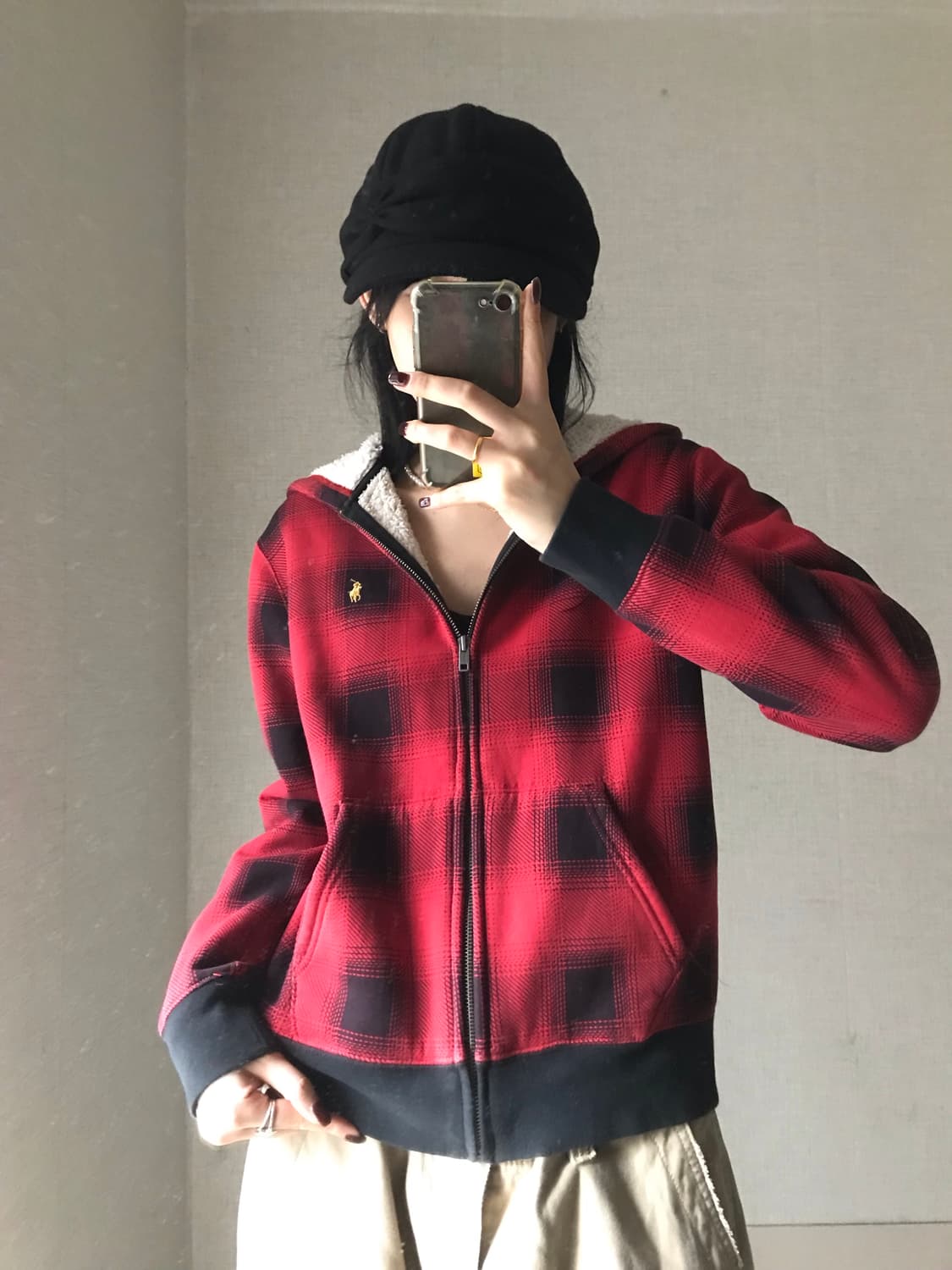 폴로 체크 퍼후드집업 상품이미지1