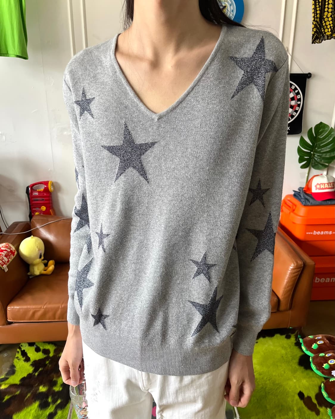 NOLLEY'S Star Pattern V-Neck Gray Knit 상품이미지2