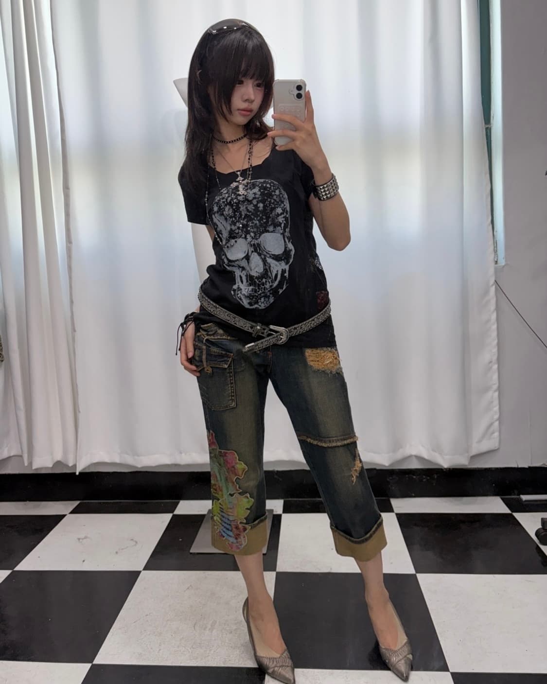 🎸블랙 스컬 프린팅 레이스 디테일 티셔츠🎸 상품이미지5
