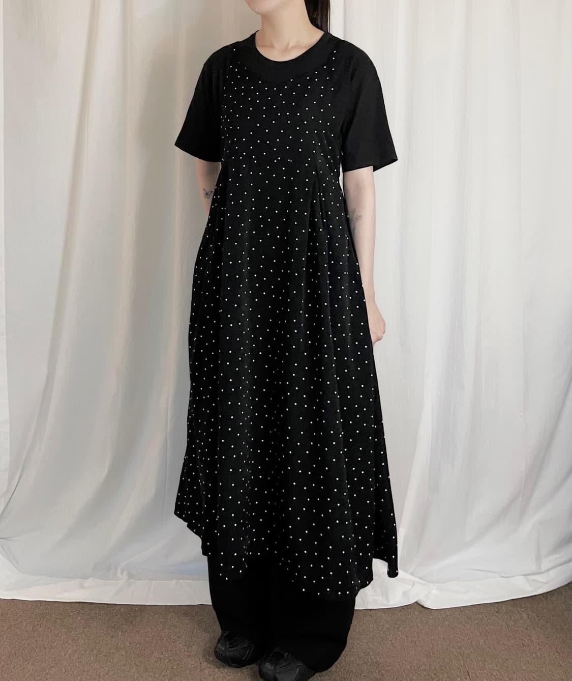 Dot Strap Long Dress - Black 상품이미지1