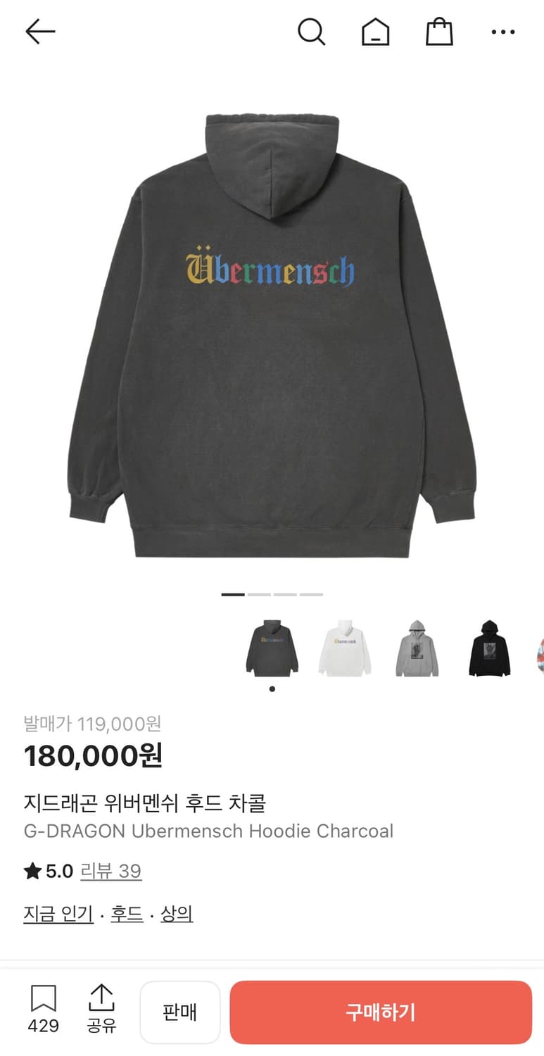 지드래곤 위버멘쉬 후드 차콜 상품이미지1