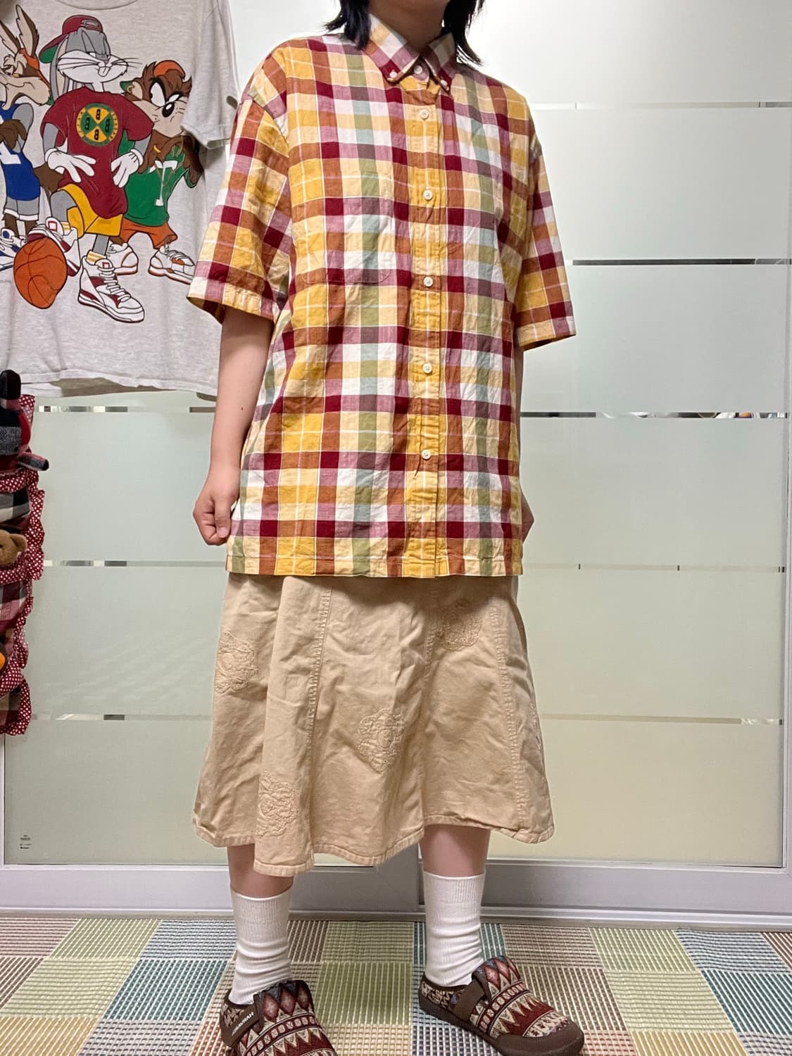 Uniqlo 오렌지 옐로우 체크 반팔 셔츠  상품이미지5