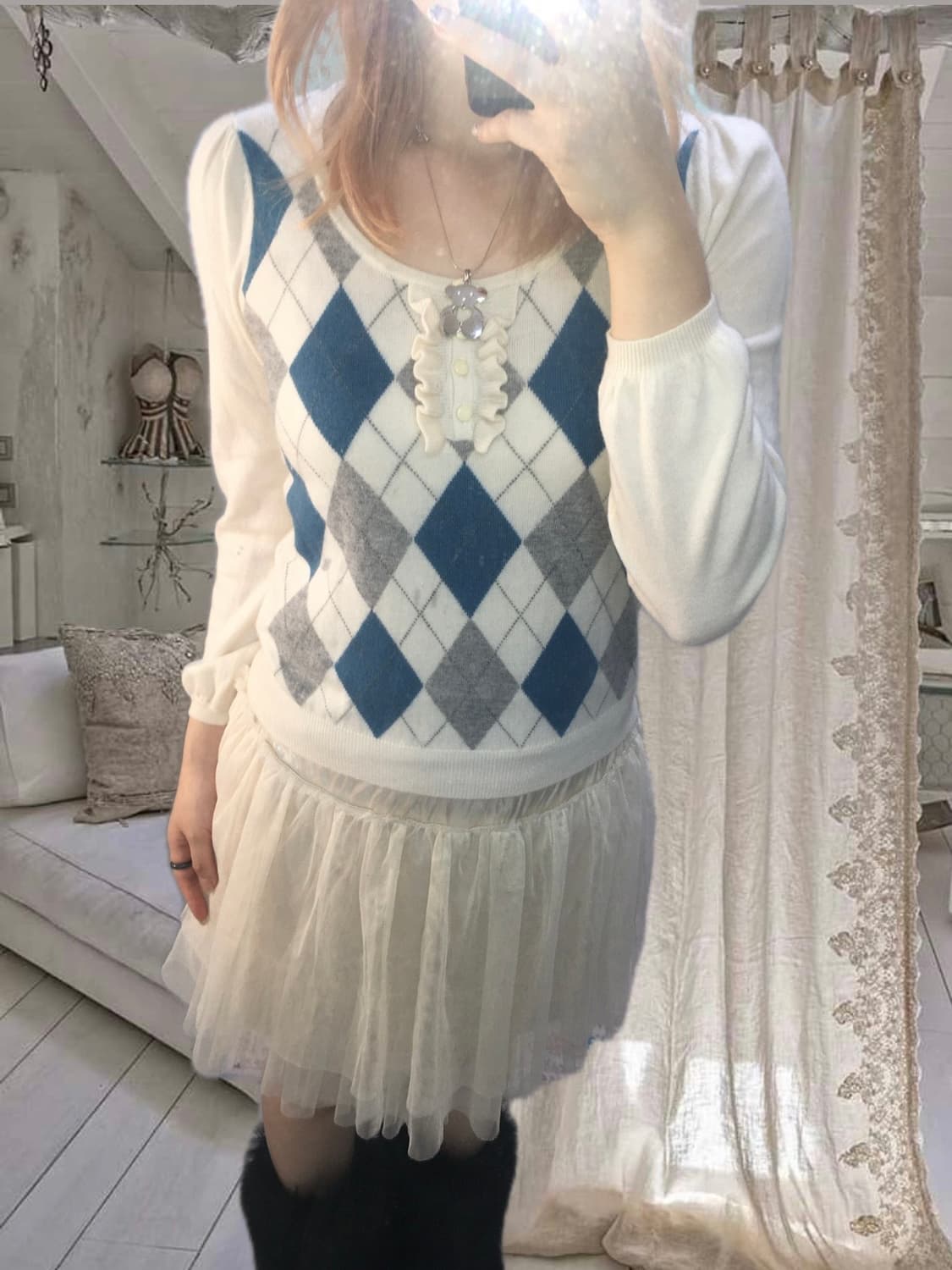 jpn vintage argyle white blue antique kn 상품이미지4