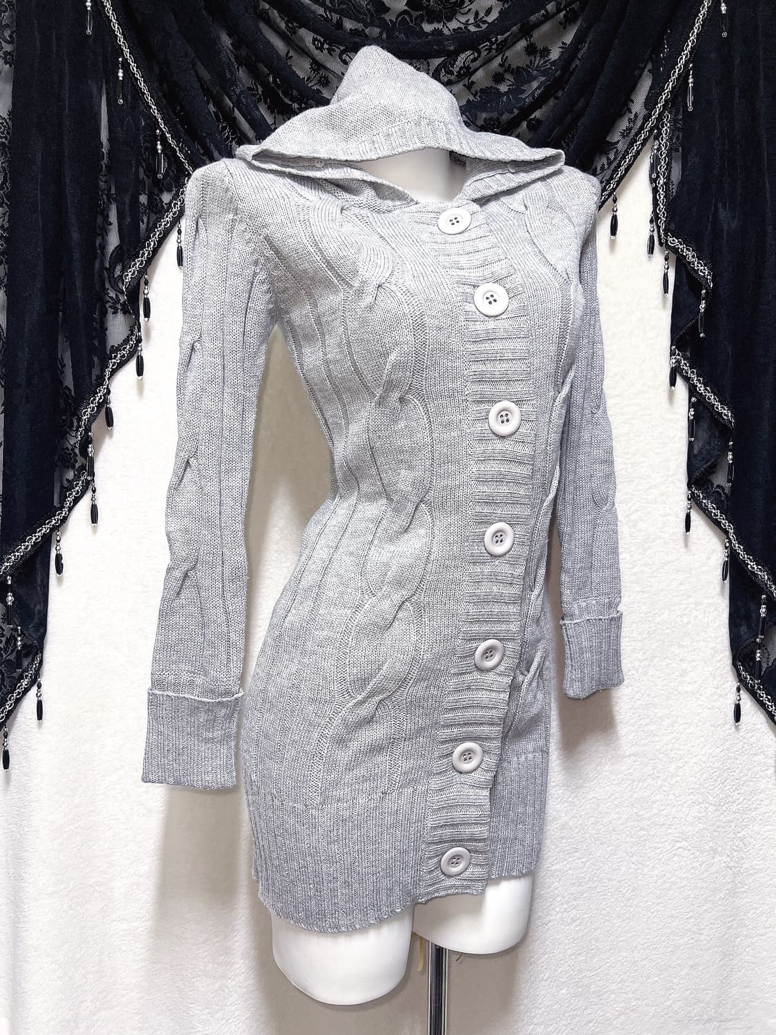 그레이 꽈배기 후드 니트원피스 가디건 로맨틱갸루 로걀 섹시 펑크 y2k 상품이미지3