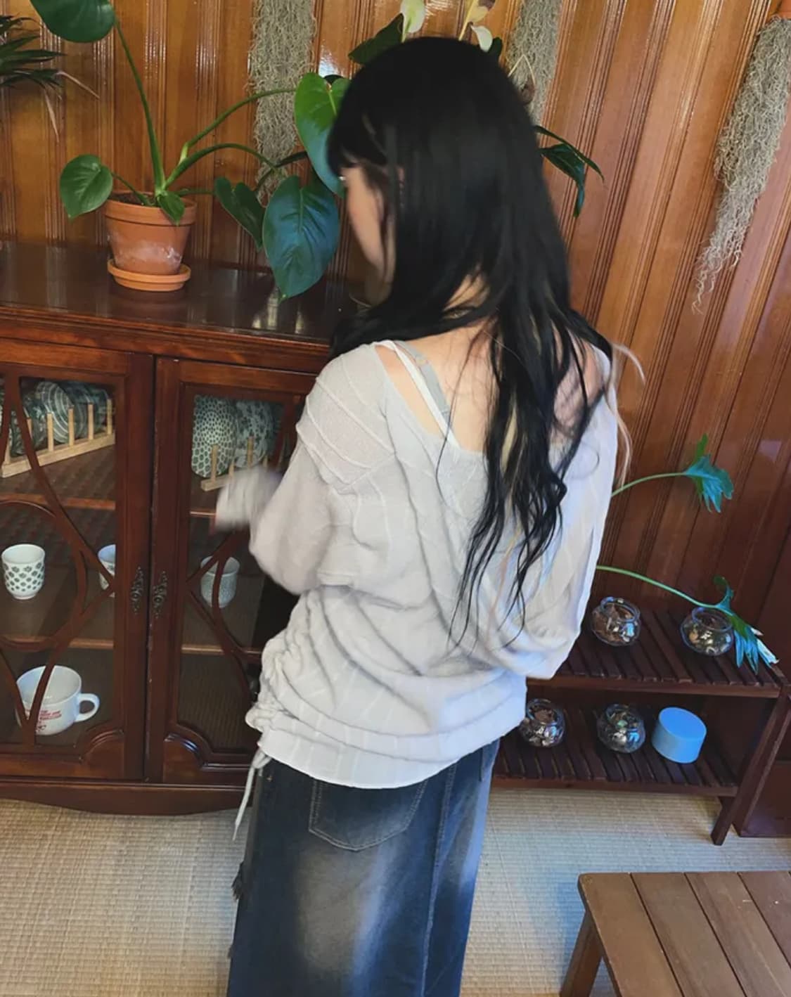 카코 셔링 랩 브이넥 물결 후드 니트 상품이미지2