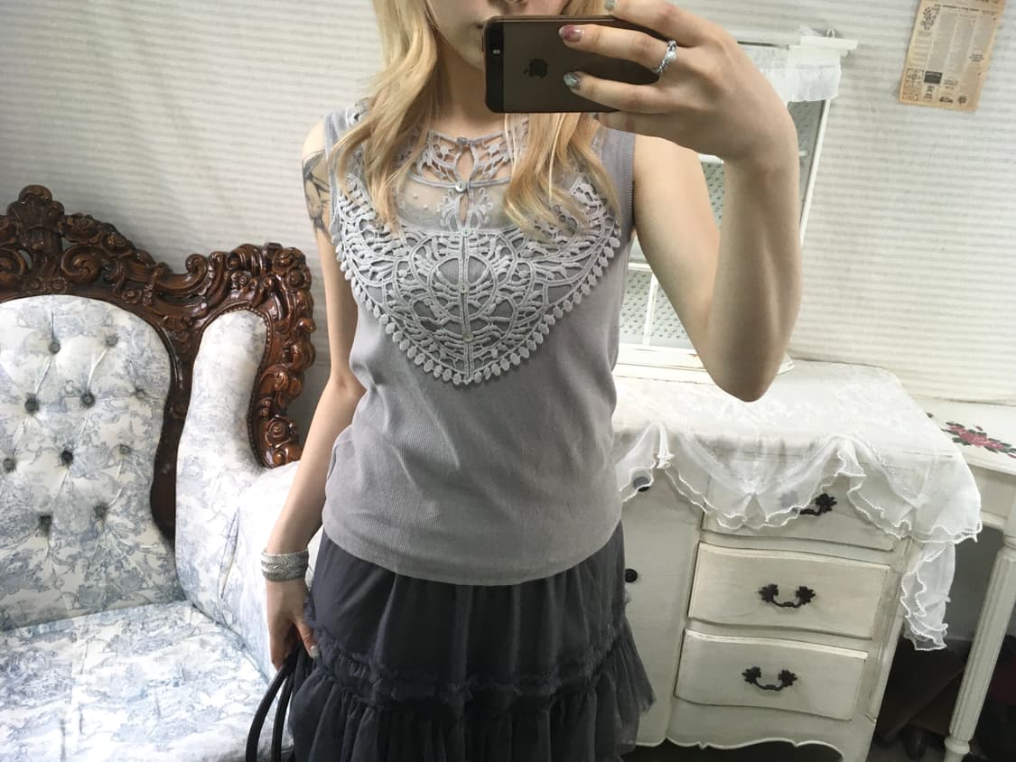 일본빈티지 뮤트 그레이 레이스 슬리브리스 상품이미지1