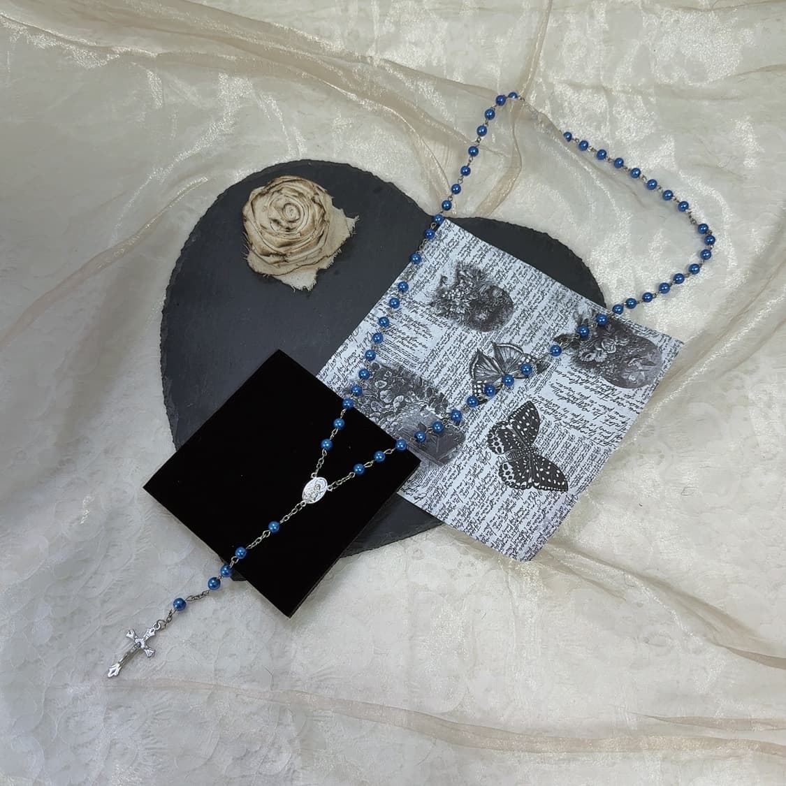 빈티지 짙은 블루 십자가 진주 목걸이 상품이미지2