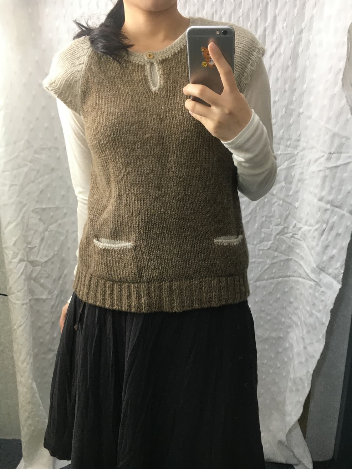 베이지 브라운 배색 반소매 니트 상품이미지4