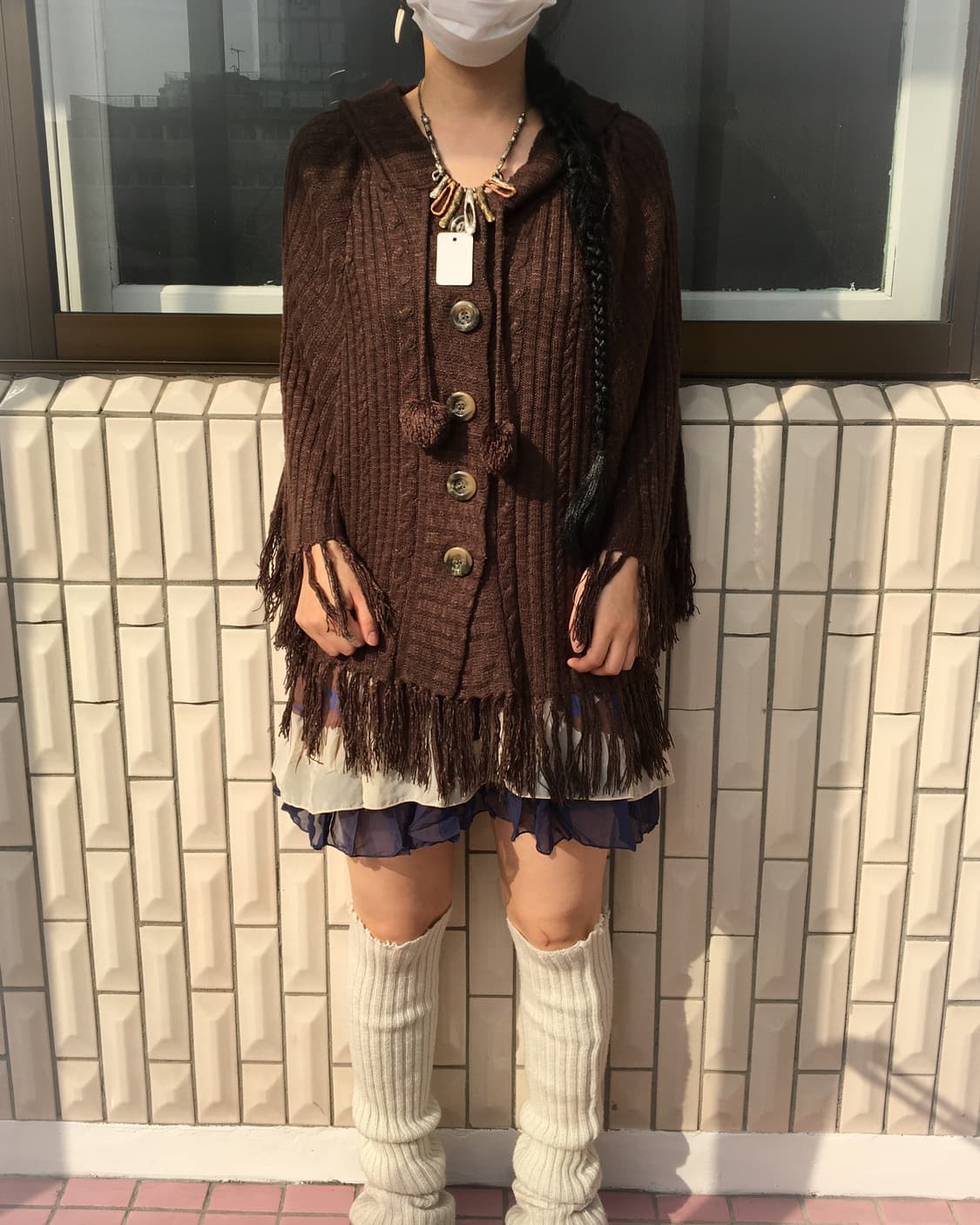 Pom pom fringe hood knit cape 상품이미지1