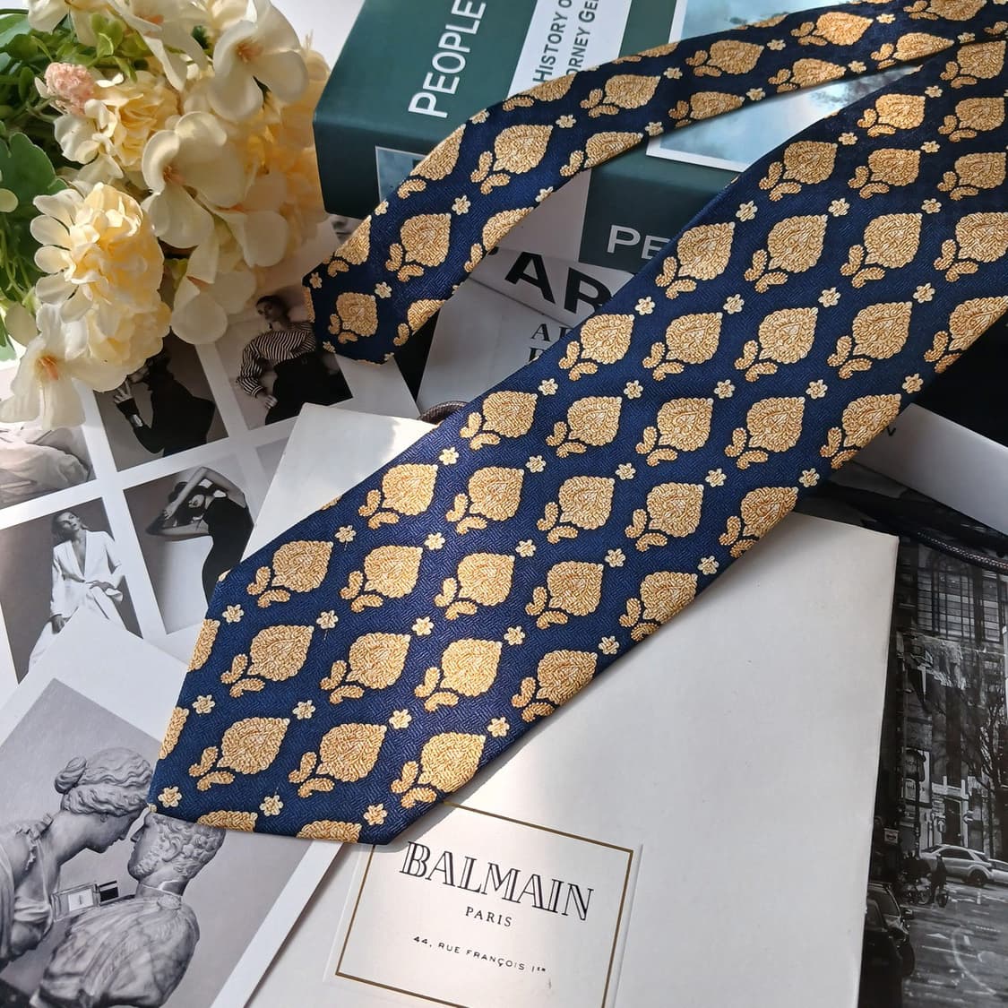 피에르 발망 실크 네이비 패턴 넥타이 10.3cm A~B등급 E864 상품이미지4