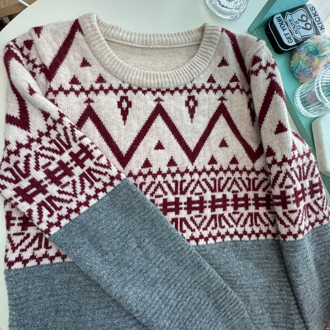 빈티지스타일 아이보리 그레이 배색 롱 니트티셔츠 미니원피스 상품이미지2