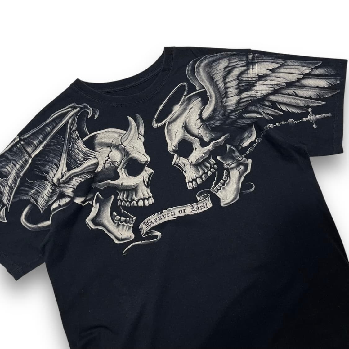 펑크 두개골 데빌 & 엔젤 스컬 타투 다크 반팔 티셔츠 상품이미지2