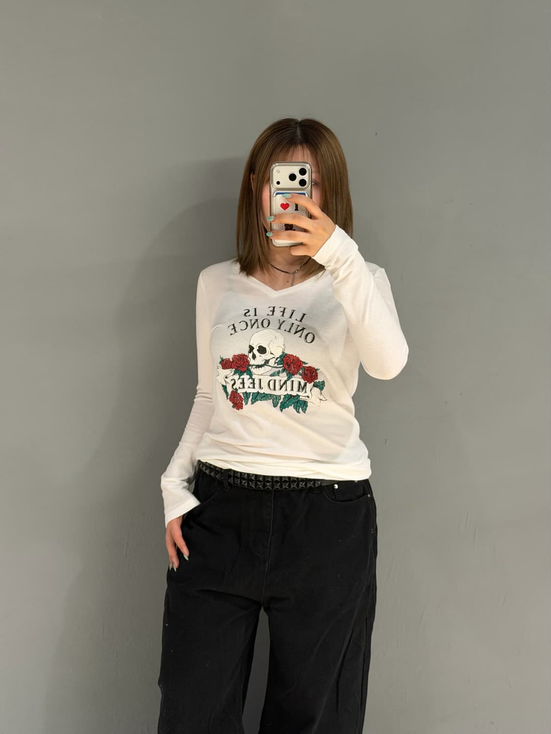 skull printing v-neck long sleeve 상품이미지2