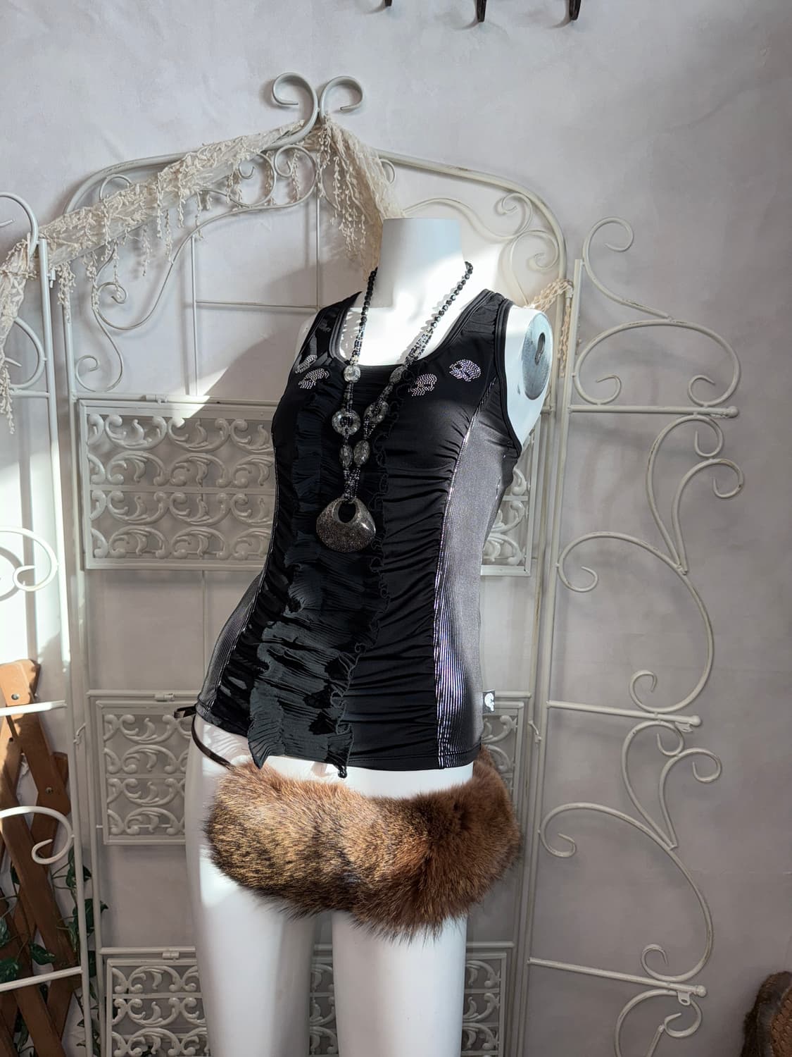 Black silver skull shirring ruffle 슬리브리스 상품이미지2