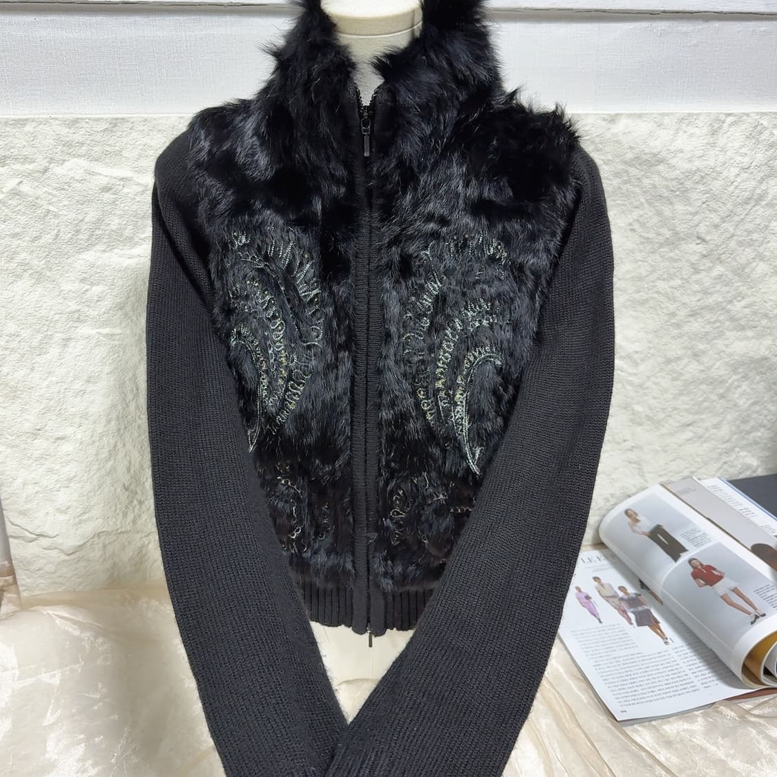 빈티지 홍콩 INTOO 양두지퍼 자수 토끼털 니트자켓 상품이미지3