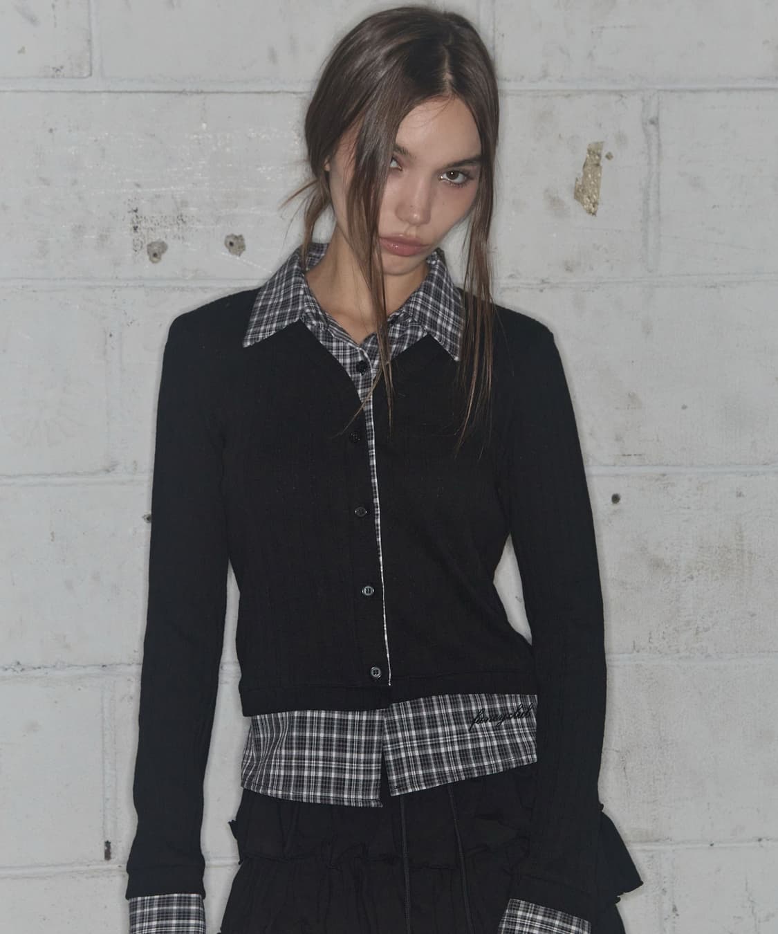 팬시클럽 체크 셔츠 레이어드 가디건 블랙 니트 와이셔츠 무신사 상품이미지1