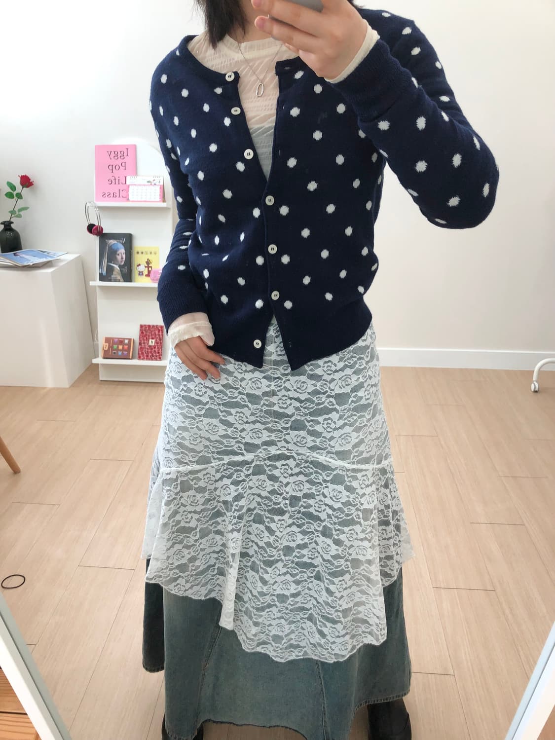 🤍💙도트 땡땡이 시스루 레이어드 코디 상품이미지2