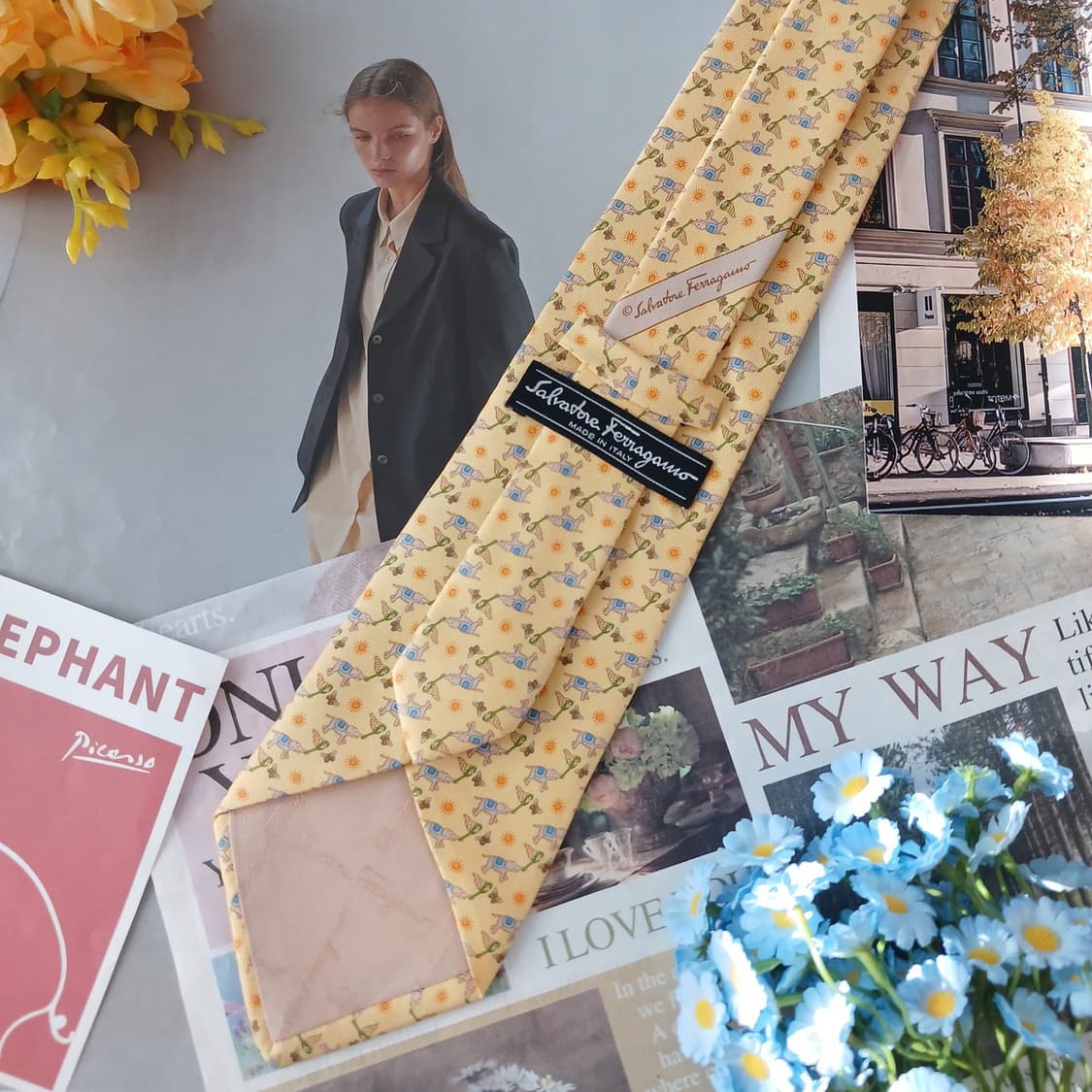 페라가모 실크 옐로우 코끼리&나비 넥타이 9.6cm A등급 A19233
 상품이미지4