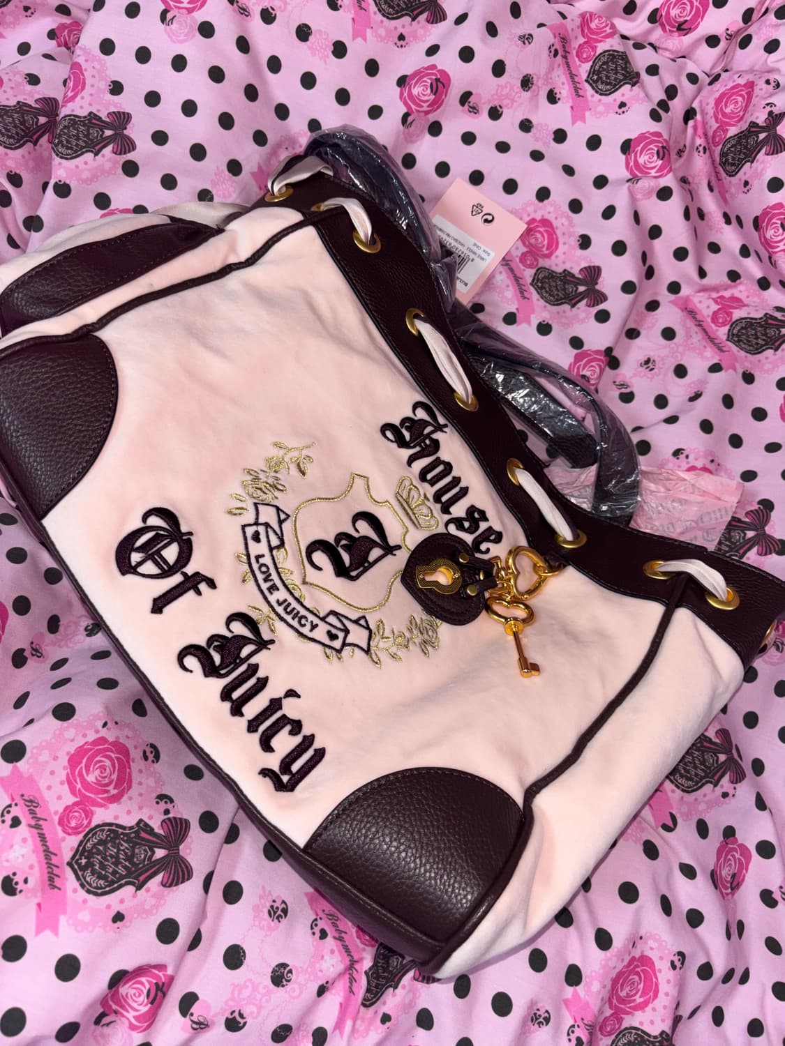 새상품)쥬시꾸뛰르 UK 한정 벨벳 가방 핑크 브라운 토트백 상품이미지1