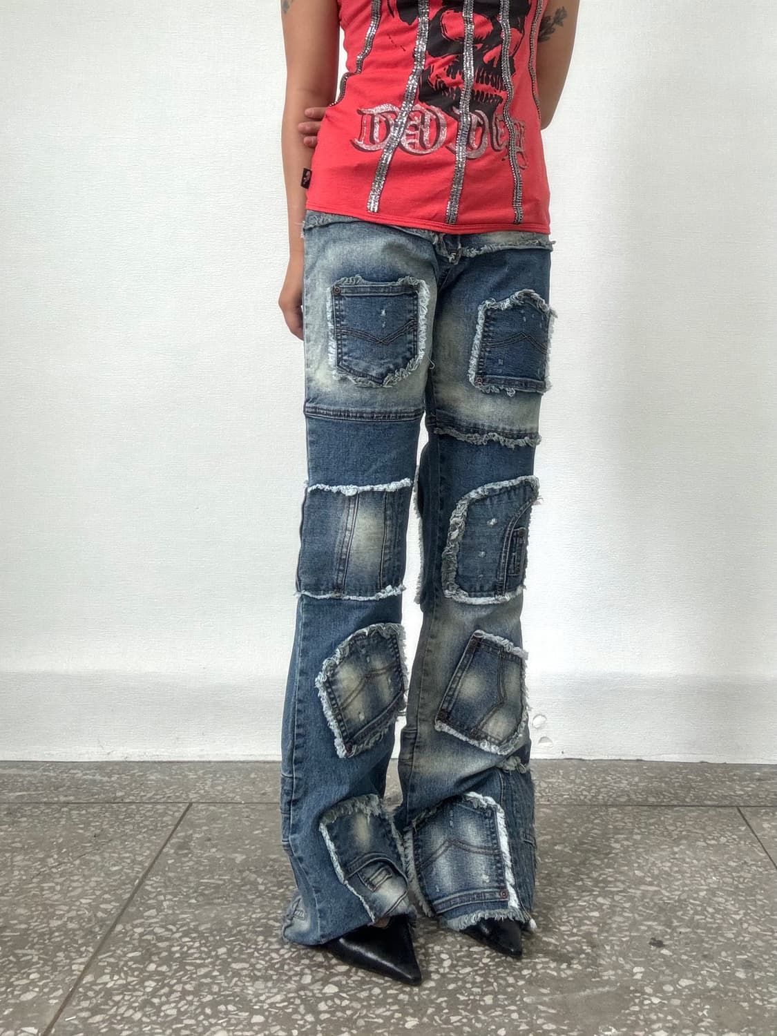 그런지 패치워크 데님 부츠컷팬츠 상품이미지3