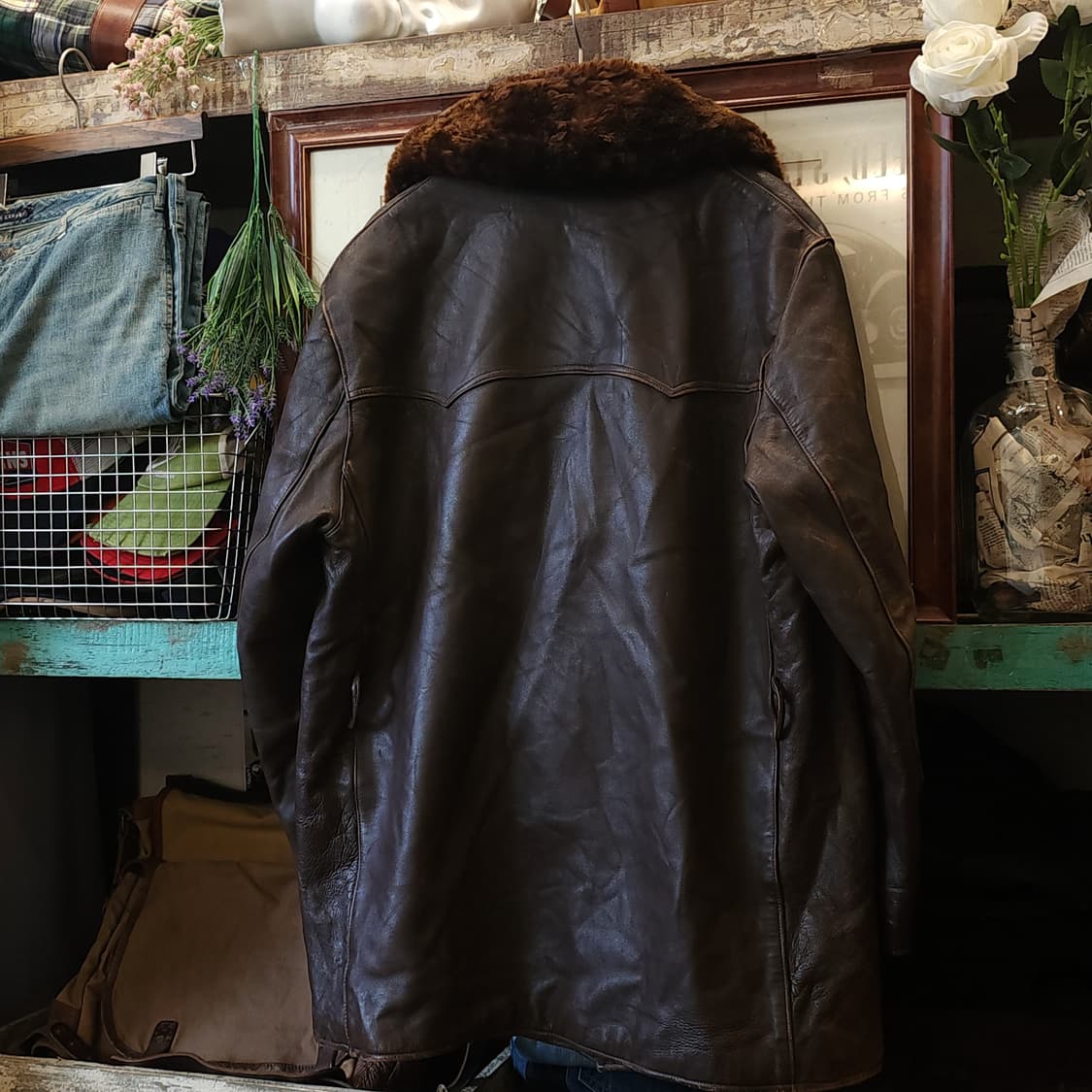 80s 프렌치 레더 카코트 카우하이드 반스토머 양털 랜치 코트 L 상품이미지3