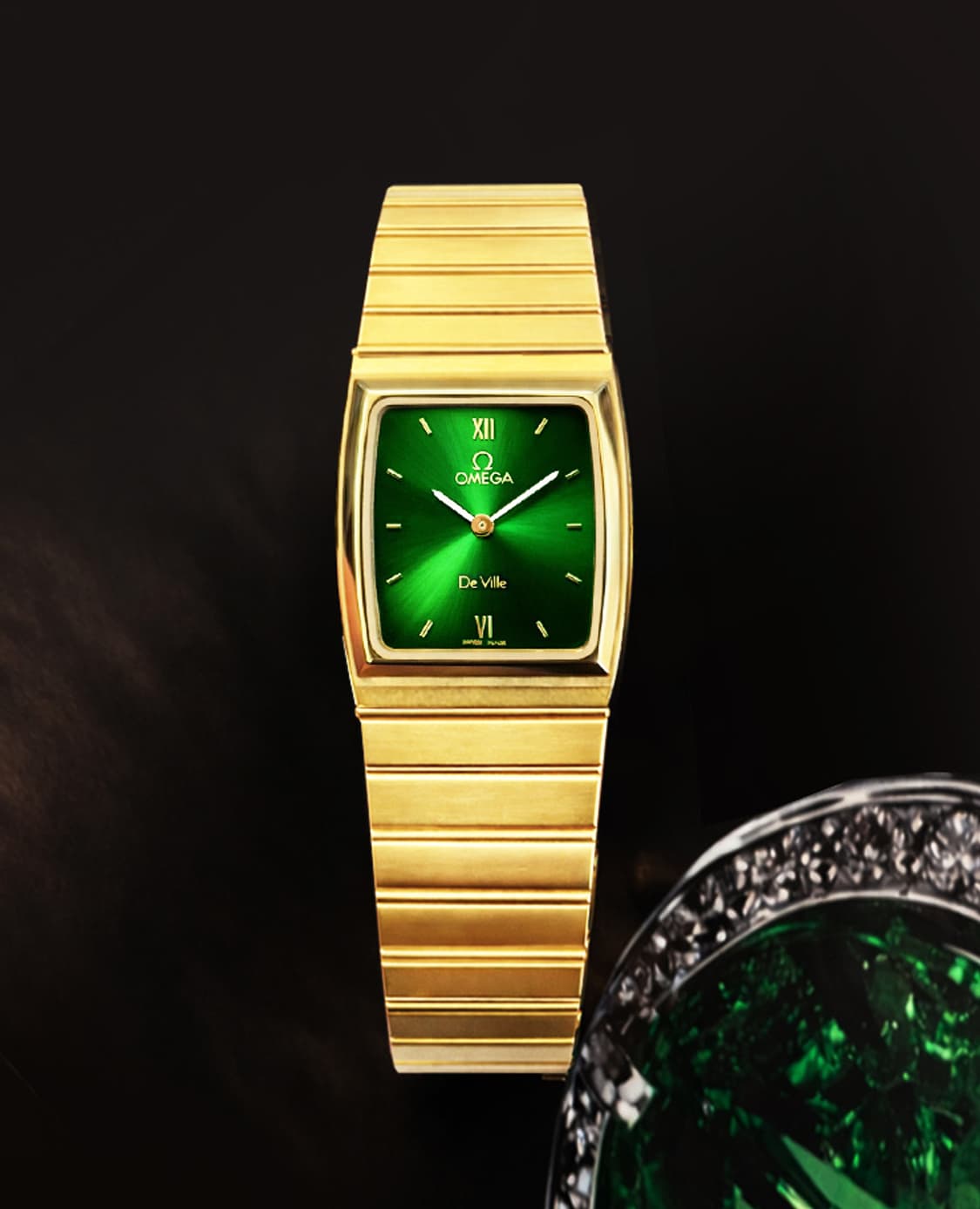 희귀 오메가 드빌 스퀘어 금장 그린 다이얼 여성 쿼츠 시계 상품이미지9