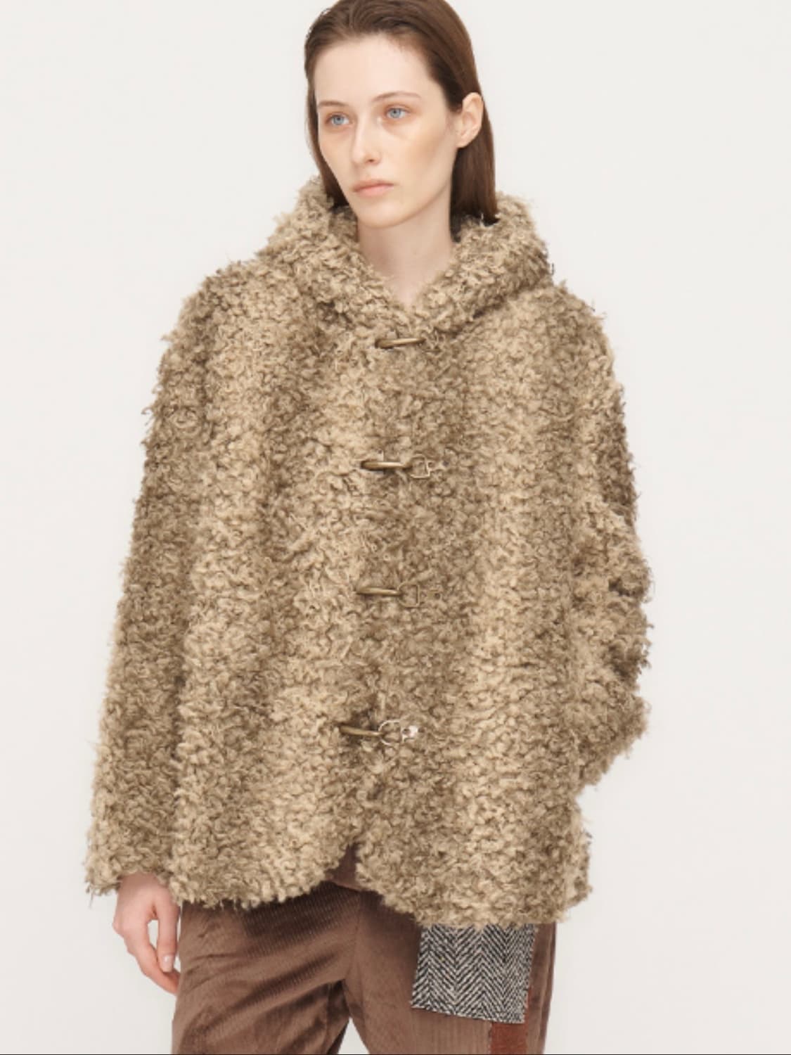 SHEARLING HOODED DUFFLE JACKET, BROWN 상품이미지1
