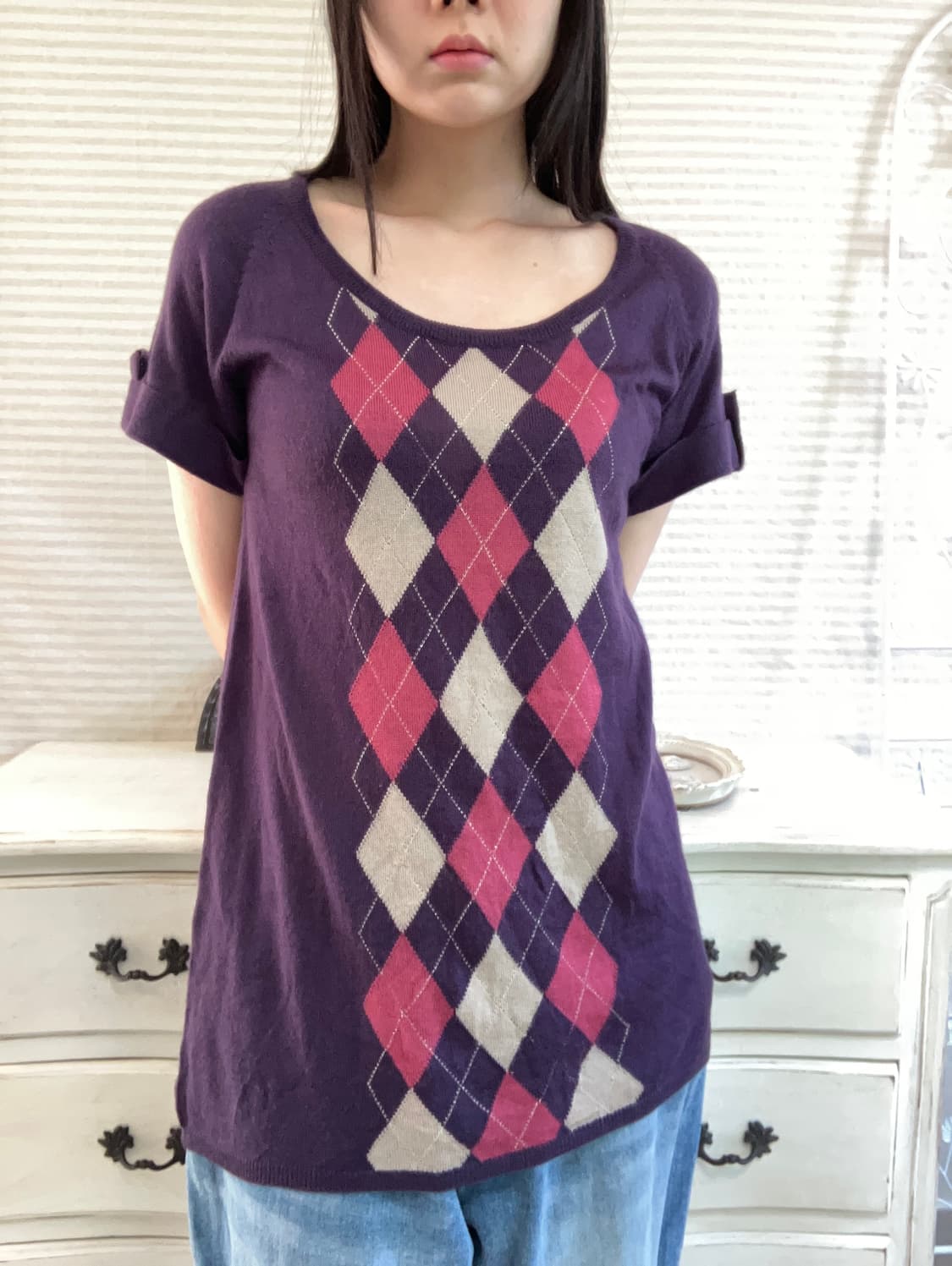 빈티지 퍼플 아가일 반팔 니트 y2k 스트릿 갸루 펑키 일본빈티지 상품이미지4