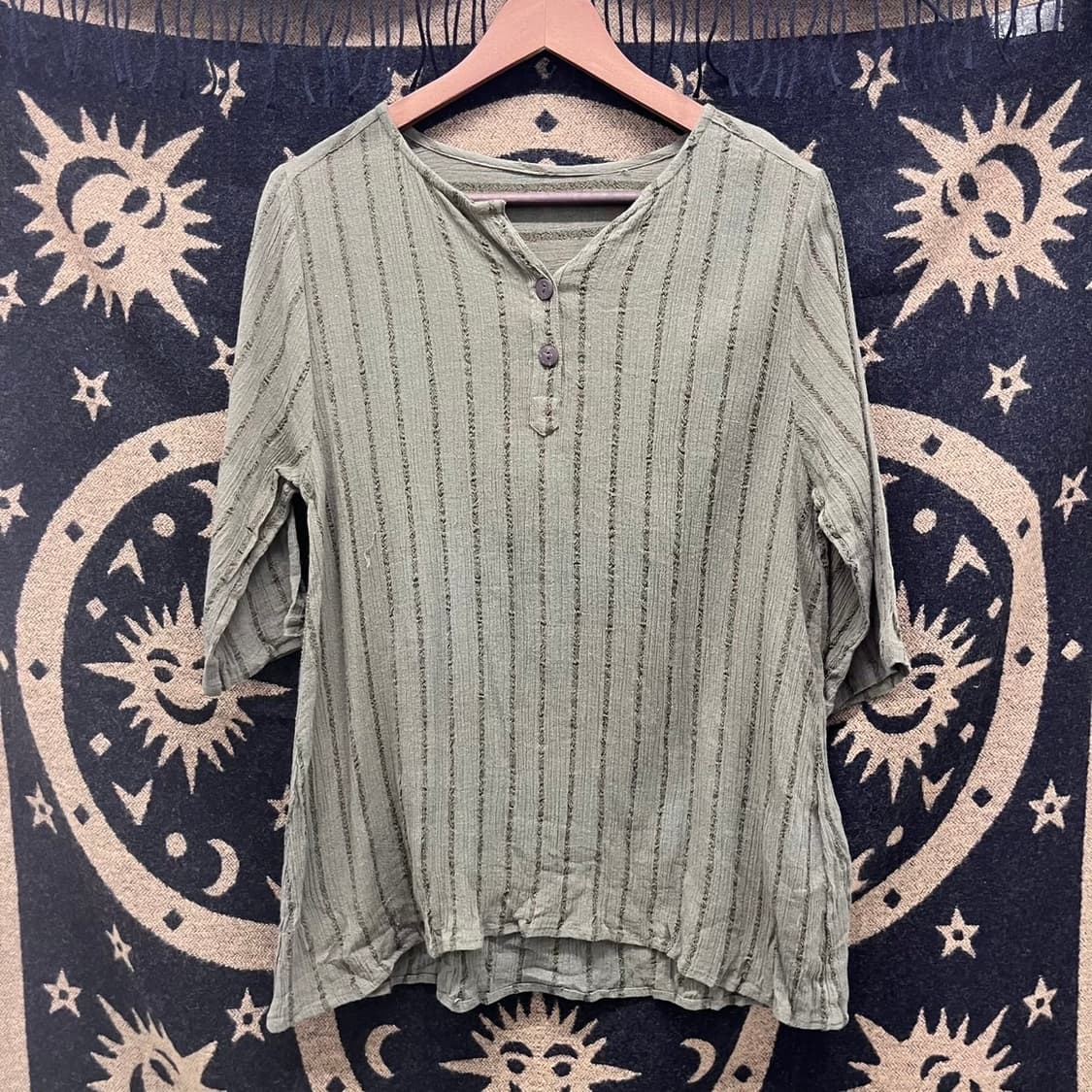 빈티지 여리핏 컨트리 스트라이프 말차카키 미디 슬리브 티 K0030 상품이미지3