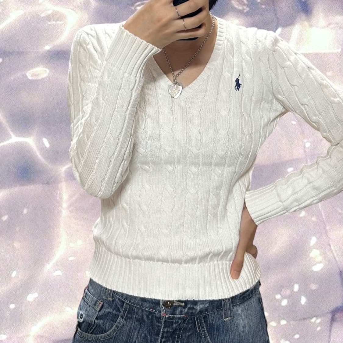 폴로 랄프로렌 신형 큐알 브이넥 꽈배기 니트 화이트 XS 상품이미지3
