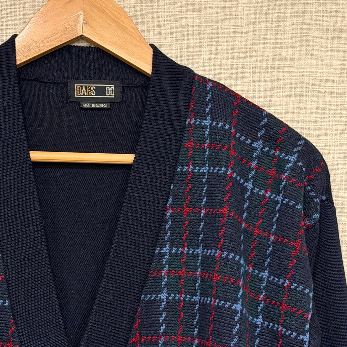 DAKS 닥스 빈티지 브이넥 체크 패턴 울 가디건 L 네이비 상품이미지2