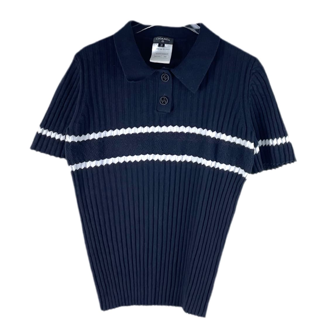 [38] CHANEL 샤넬 코코 버튼 커브스 카라 반팔 니트 상품이미지1