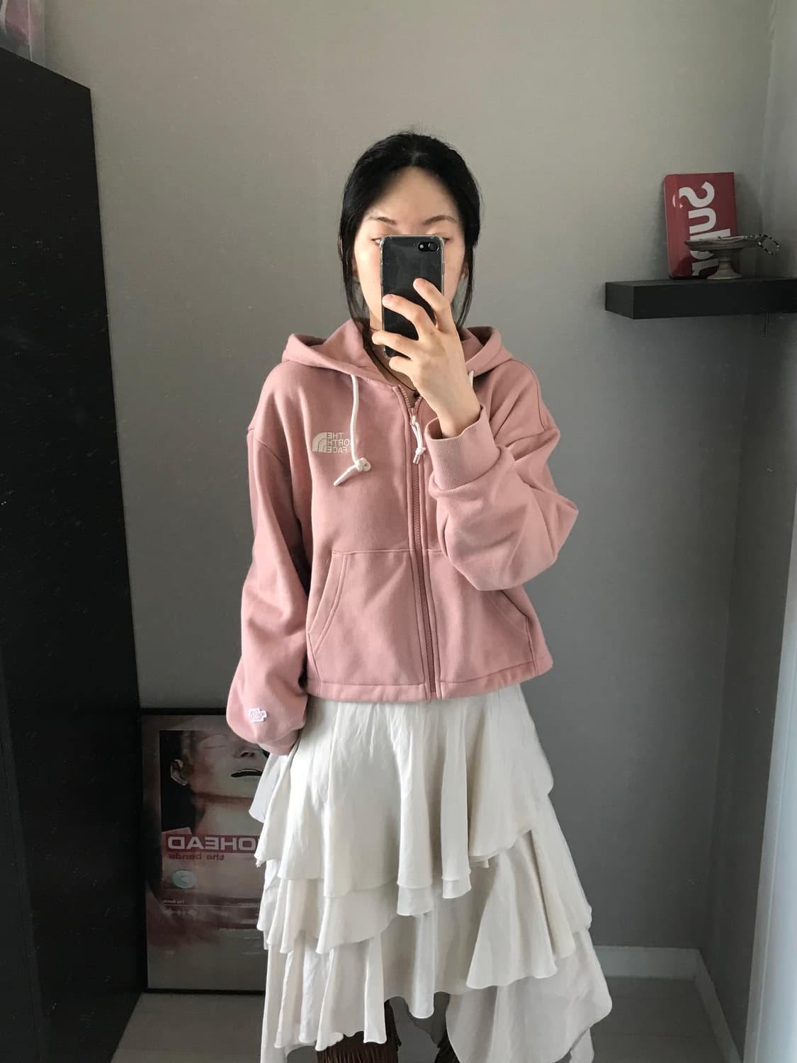 노스페이스 자수로고 핑크 크롭 후드집업 상품이미지4