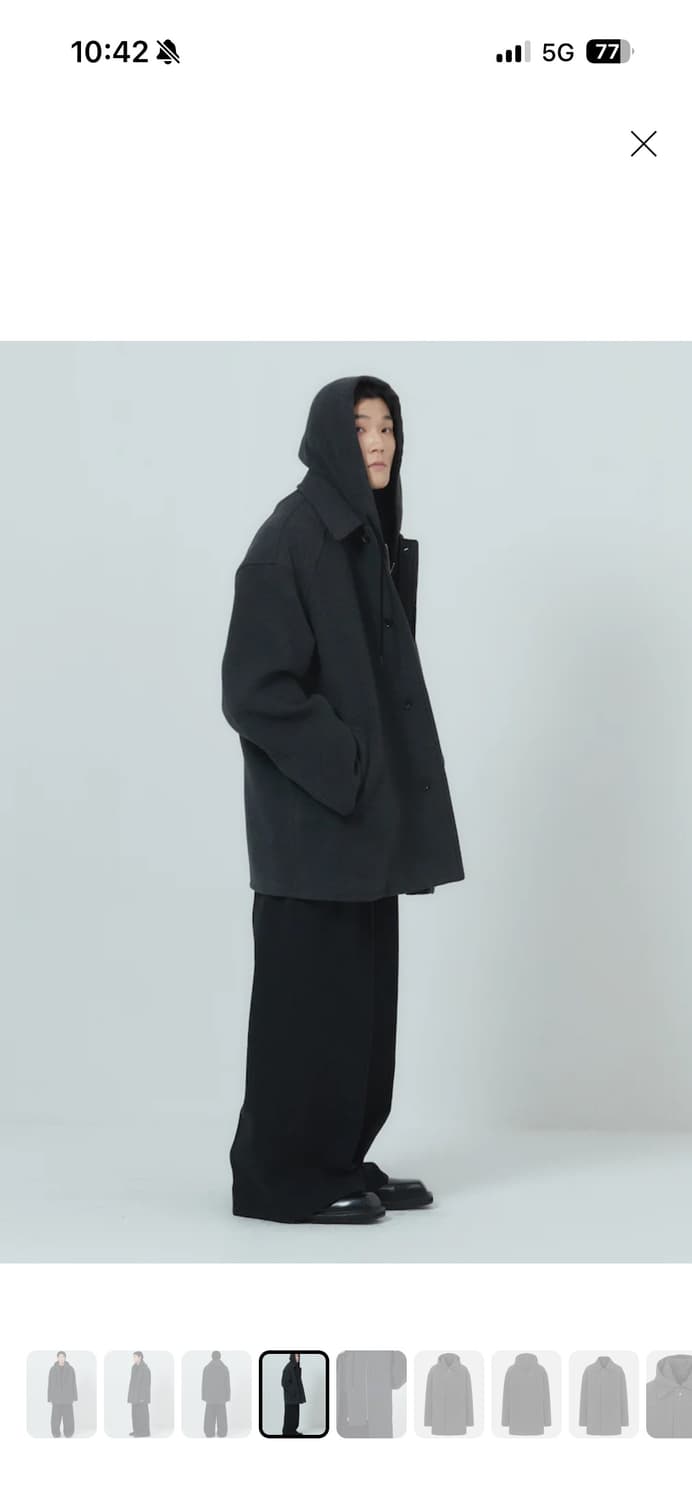 준지 울 캐시 후드 레이어드 미디 코트 - 그레이 상품이미지5