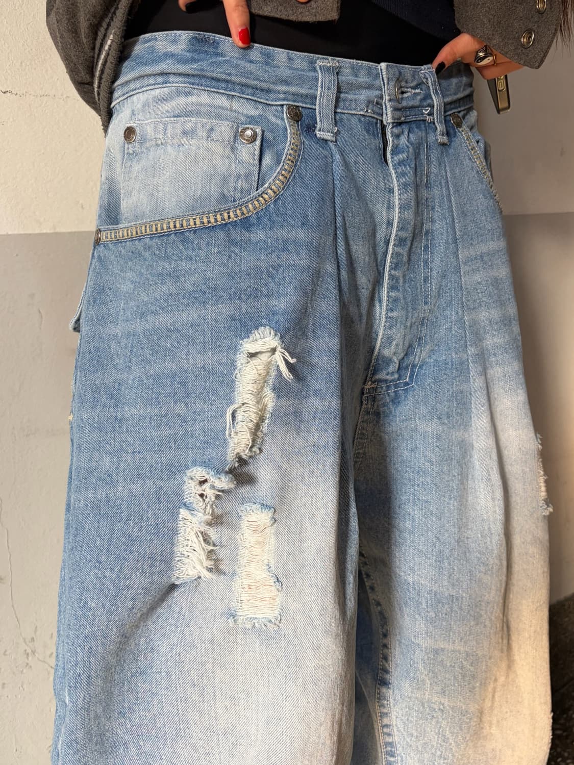 90s 올드스쿨 스크래치 라이트블루 오버 와이드 데님 팬츠 상품이미지4