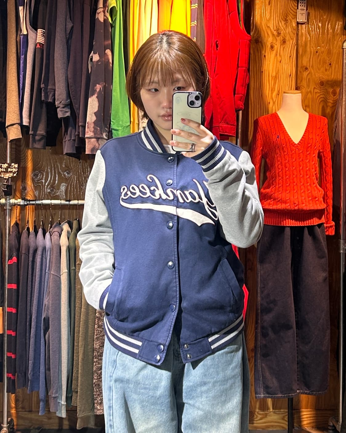 L MLB 뉴욕양키스 네이비 코튼 바시티 자켓 상품이미지1