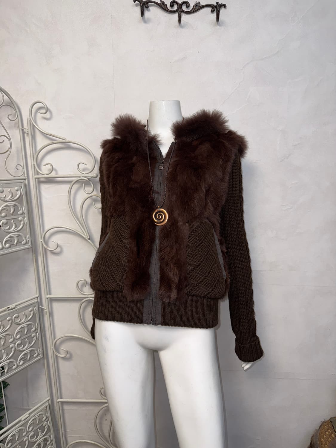 Dark brown rabbit&fox fur knit 후드집업 상품이미지4
