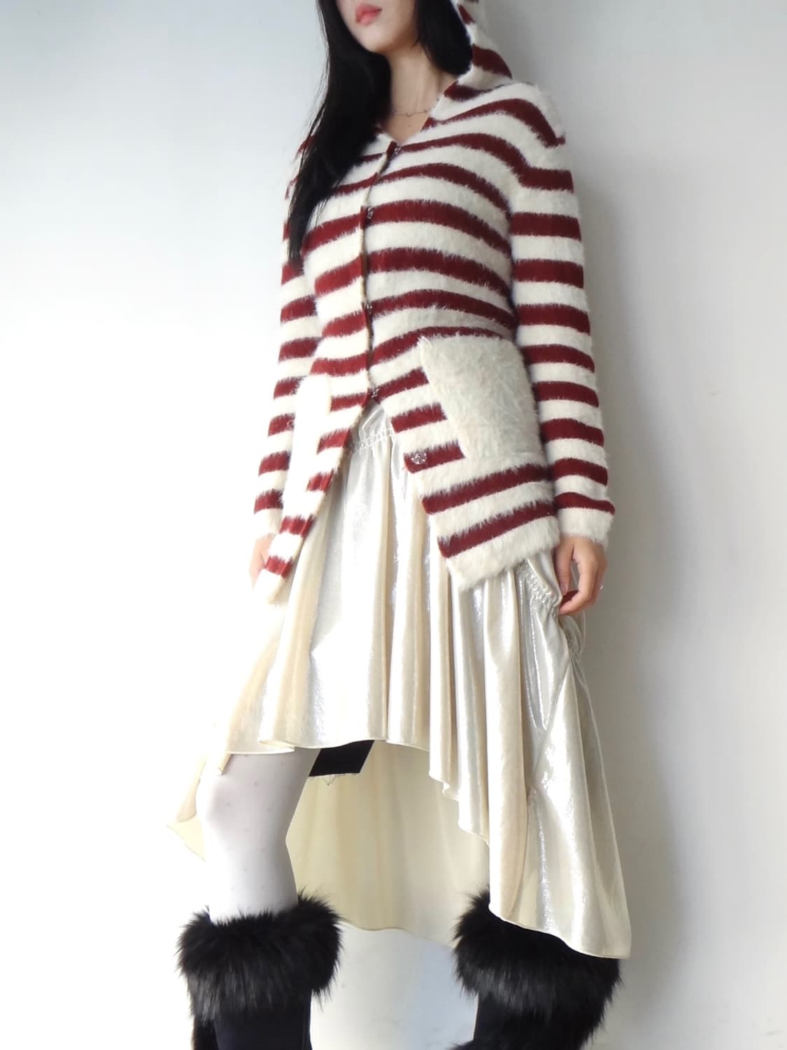 Stripe pocket fur cardigan / red & white 상품이미지1