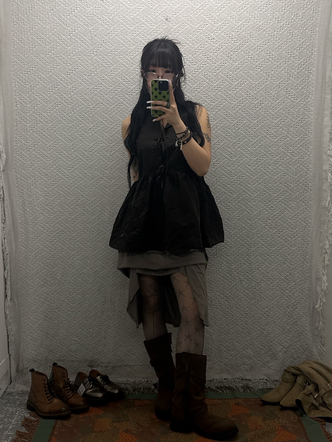 빈티지 초코브라우니 러블리 셔링 리본 나시 레이어드 블라우스 K0059 상품이미지1