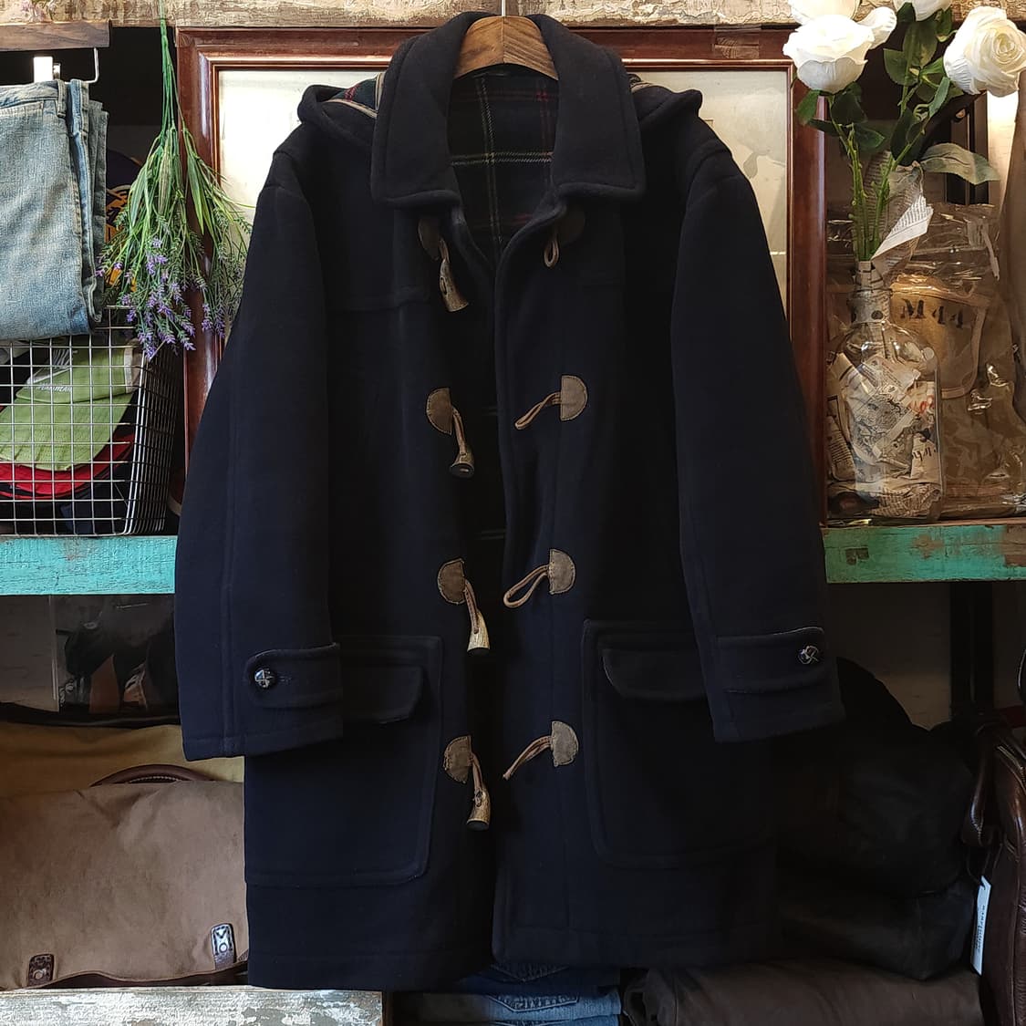 90s 잉글랜드 더플코트 플레드 체크 헤비울 빈티지 코트 블랙 50 상품이미지1