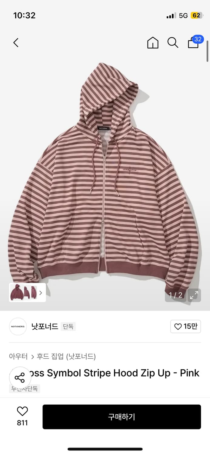 낫포너드 pink Stripe Hood Zip Up (XL) 상품이미지4