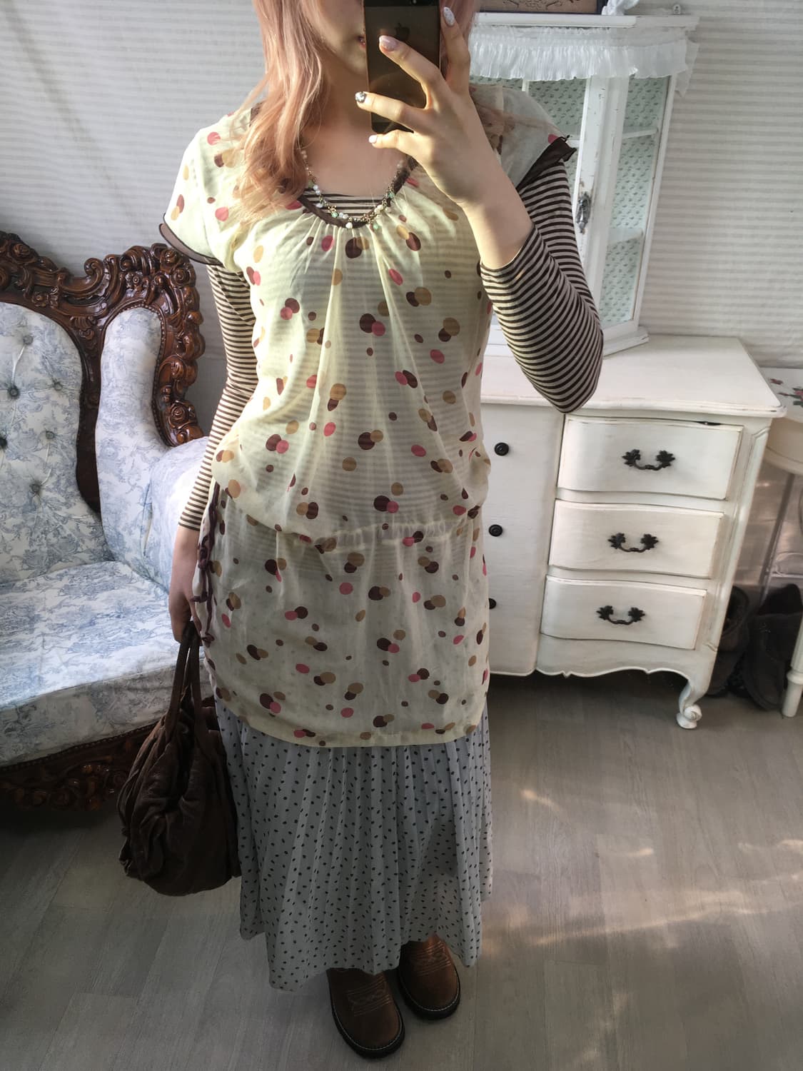 Set) 일본빈티지 도트 블라우스 + 브라운 스트라이프티 상품이미지1