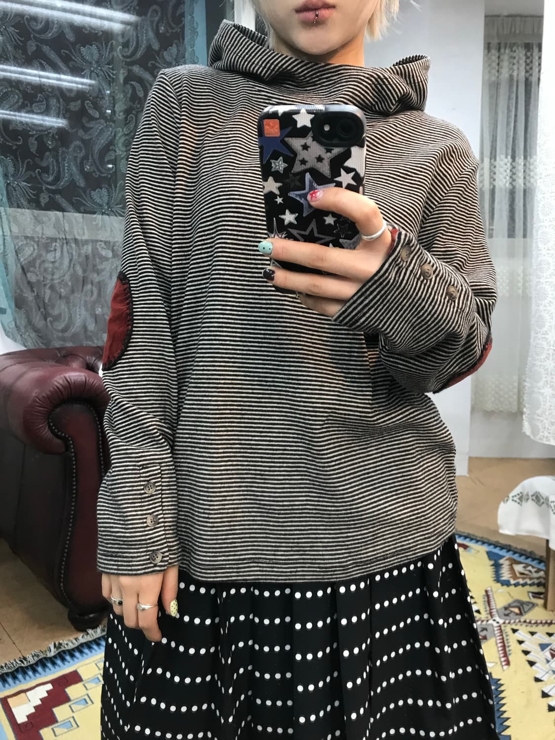 빈티지 여성 스트라이프 엘보패치 후드티  상품이미지1