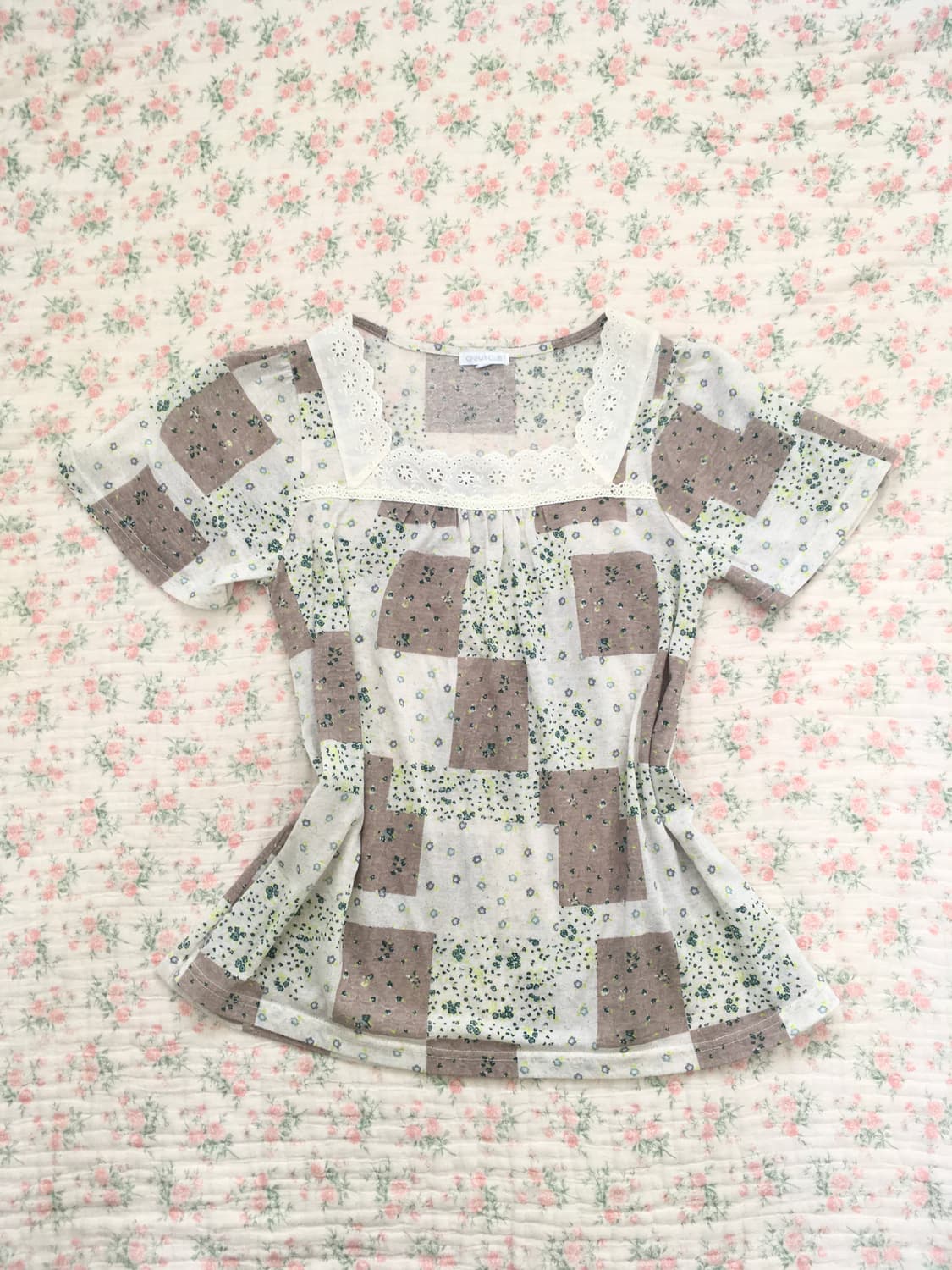 일본빈티지 패치워크 모리 잔꽃 레이스 펀칭 린넨 반팔 상품이미지5