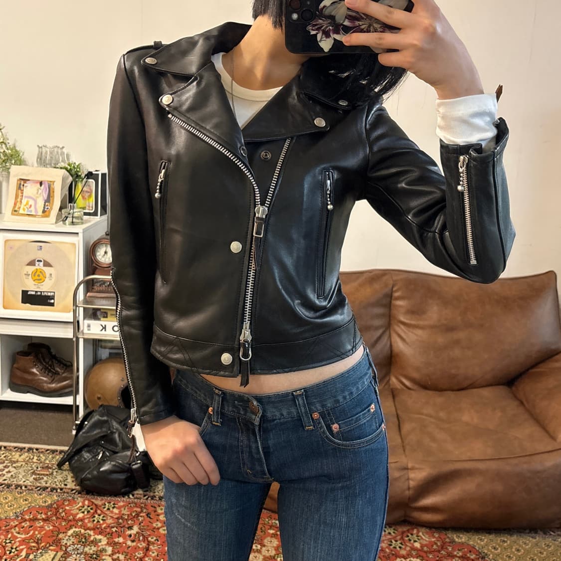 [착용샥 36] 디아프바인 램스킨 죠니 더블 라이더자켓 블랙 상품이미지2