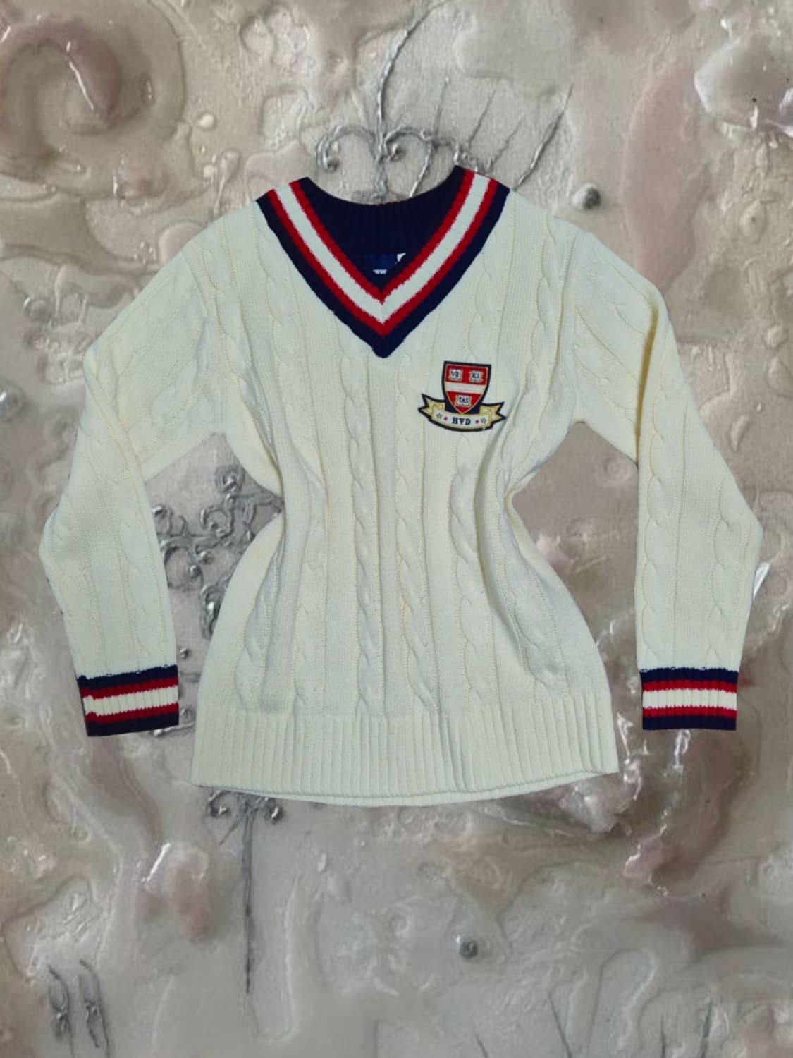 빈티지 필데이즈 TMRW 와펜 프레피룩 케이블 니트 브이넥 스쿨룩 상품이미지1