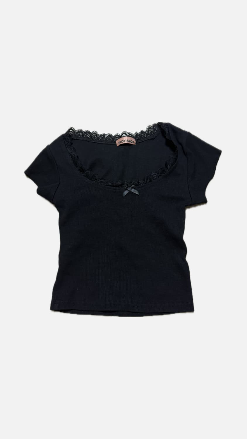 리본 레이스 티셔츠 블랙 상품이미지1
